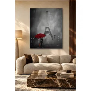 Impression sur toile de couple Fida avec parapluie rouge dans un Paris pluvieux - Product Image 5
