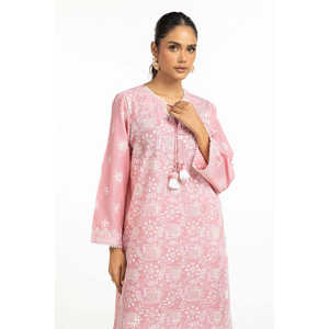 Chemise décontractée brodée en tissu respirant rose pour femmes et pantalon large à taille haute - Product Image 3