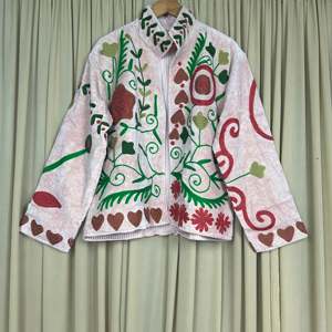 Boho Chic Retro Chic Free Size XL <b>White</b> Floral Open Front Coat Hand Embroidered Velvet Suzani <b>Jacket</b> Winter Wear Robe - Product Image 4