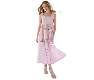 Mujeres Sexy colección caliente bordado tejido Maxi vestido dulce cintura Natural Smocking sin mangas Casual ocasión vestido - Product Image 1