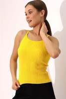 Top Corto de Punto Amarillo sin Mangas para Mujer, Cuello Redondo, Estilo Casual, Color Sólido, Ajuste Elástico, Primavera-Verano