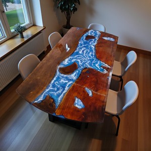 Mesa de comedor de resina epoxi azul de la mejor calidad, muebles hechos a mano de madera de Acacia con borde vivo, losa de encimera de artista indio - Product Image 1