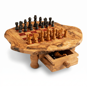 Rustic Wooden <b>Chess</b> <b>Board</b> Table with Legs & Storage Drawers, Red Squares, 28–50 cm, Wholesale - Product Image 1