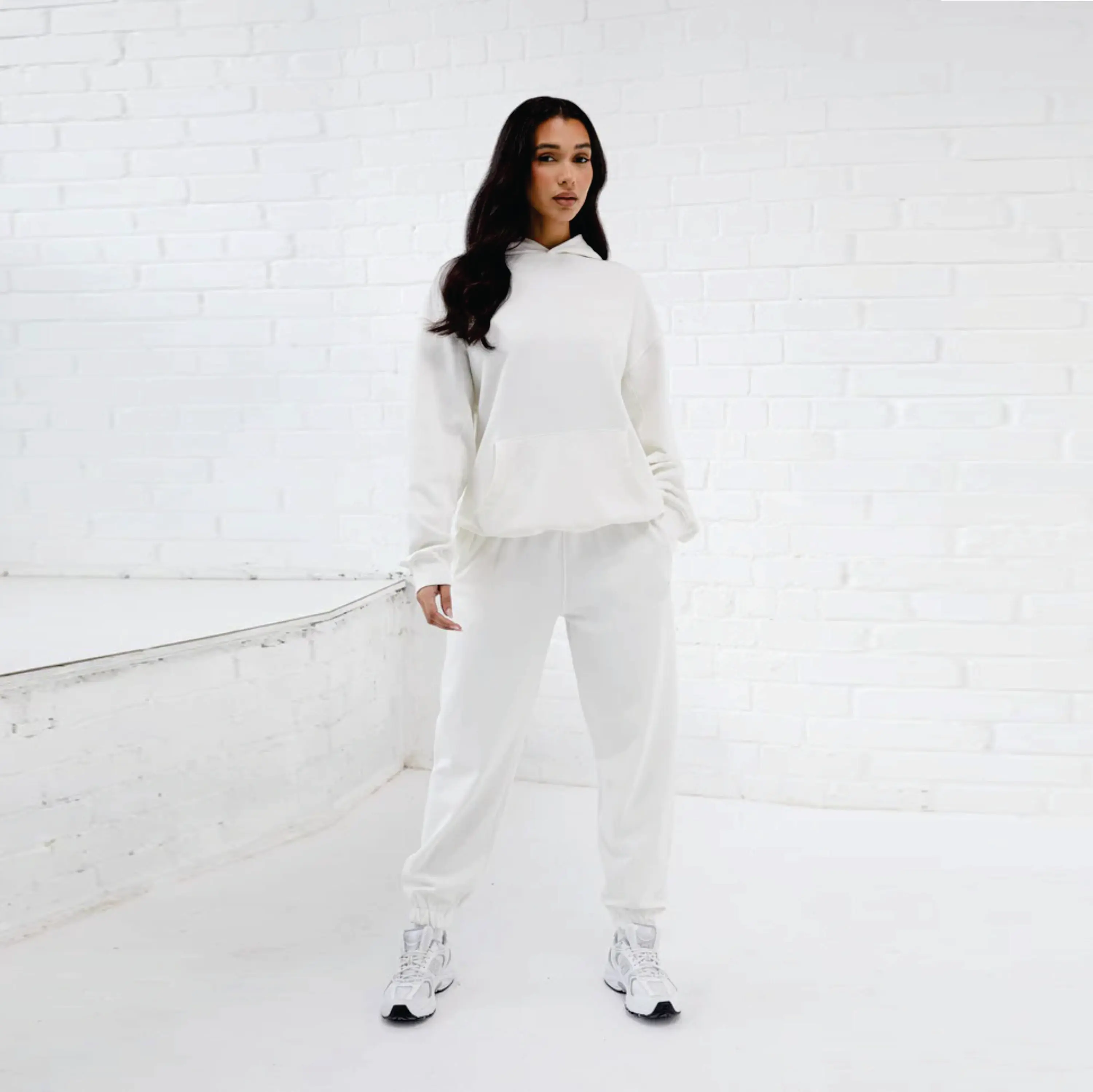 100% Cotton Drop Shoulder Relaxed Fit Two-Piece Hood Established Relaxed Ivory Cream Women Tracksuit