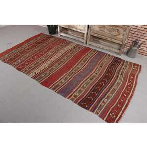 Tapis Kilim Turc Vintage 4,6x8,4 pieds en Laine Rouge Écologique avec Motif Patchwork et Dos en Latex - Product Image 1