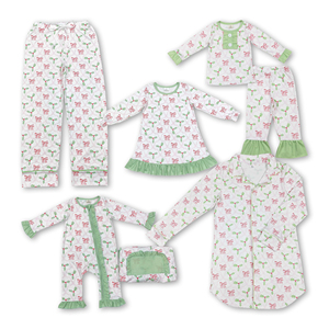 Pijamas navideños OEM/ODM/RTS de manga larga verde con lazo rosa, ropa infantil al por mayor, ropa para niños, ropa para bebés - Product Image 2