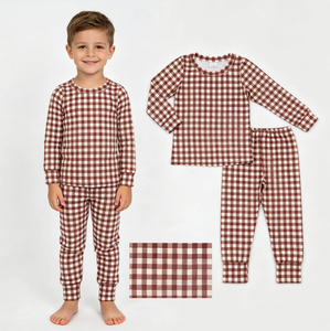 Ensemble de vêtements de pyjama pour bébés garçons, haut et pantalon à carreaux kaki, automne - Product Image 6
