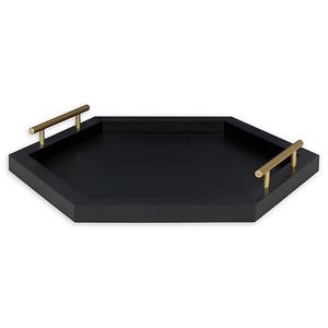 Plateau de service hexagonal en MDF noir mat moderne en gros, poignée en T dorée, plateau décoratif de luxe pour hôtel, restaurant, décoration de la maison - Product Image 1