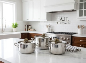 Silver Classic Eco-Friendly Antique Hammered Cookware Set Casserole Pot <b>Lid</b> Artisan Buffet Server Casserole - Product Image 3