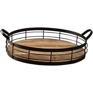 ถาดเสิร์ฟไม้ทรงกลมมีที่จับโลหะถาดวางอาหารปลอดภัยถาดเครื่องครัวไม้สำหรับบ้านโรงแรมและร้านอาหาร - Product Image 5