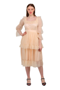 Luxury Designer Peach Midi <b>Dress</b> for Women Trending Party Wear Square Neck Puff Sleeve Layered <b>Ruffle</b> <b>Dress</b> Premium Look - Product Image 3