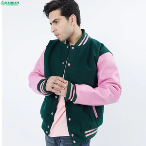 Veste universitaire homme color block vert rose à col montant boutonnée style baseball Letterman pour couple - Product Image 6