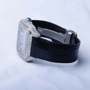 Montre en diamant Moissanite coupe ronde antique de luxe avec boîtier en acier inoxydable 20mm bracelet en cuir mouvement à Quartz analogique - Product Image 2