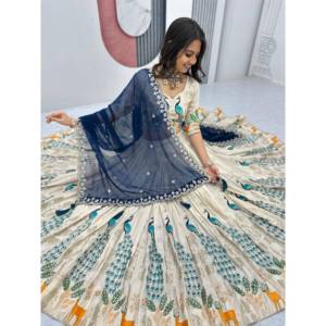 Peacock Print <b>Tissue</b> Silk Lehenga Blouse Choli Drawstring Heavy Tassels Stitched With Canvas and Can Can Georgette Dupatta - Product Image 2