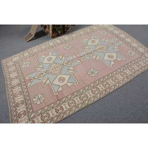 พรมตุรกีวินเทจคลาสสิกสีชมพูสีฟ้า4.6 x 7.3ft พื้นที่ขนาดใหญ่ผ้าขนสัตว์ด้านหลังเป็นนามธรรมรูปสี่เหลี่ยมผืนผ้าการออกแบบห้องโถงสำหรับห้องพัก - Product Image 2