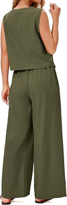 Conjunto de vestido verde oliva para mujer con cuello en V sin mangas y pantalones de pierna ancha, traje informal perfecto de dos piezas de verano - Product Image 3