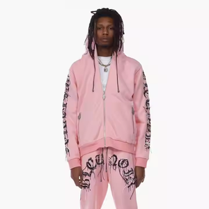 Men <b>Pink</b> Zipper Hoodie <b>Tracksuit</b> Sleeve Printed 400 GSM Letter Pattern Zipper Closure Loose Fit Streetwear Jogger <b>Set</b> Spring - Product Image 1