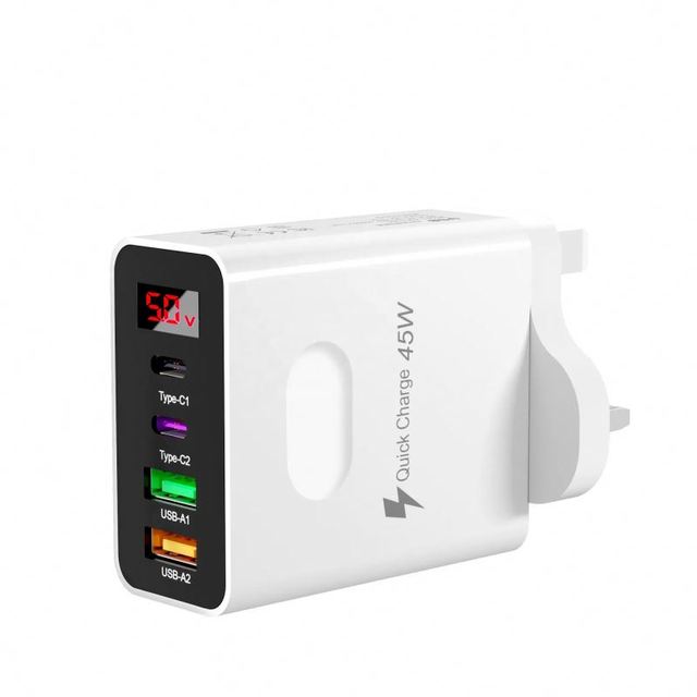 Mobile Charger 2 USB C PD and 2 USB Quick Charge 3.0 With LED Display 45W USB Wall Charger Fast