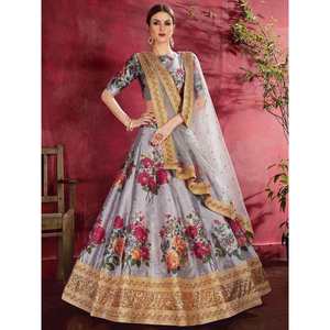 Floral Grey Banglori Silk Lehenga Choli Wedding Apparel with Elegant Floral <b>Print</b> - Product Image 2