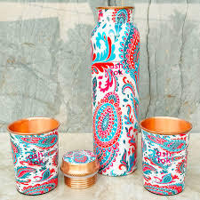 Botella de agua Meena de cobre puro con estilo de calidad superior 1000ml hecha a mano nueva artesanía natural esmaltada impresa para uso en oficina - Product Image 2