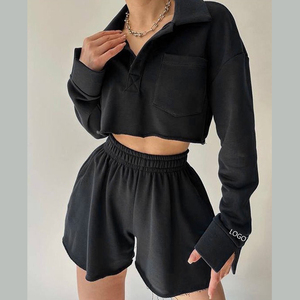 Ensembles courts 2 pièces de jogging pour femmes avec logo imprimé bouffant personnalisé Survêtement d'été Fabricant de survêtements en coton pour femmes - Product Image 4