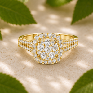 Custom Cluster Round Halo Engagement <b>Rings</b> 18K Yellow Gold Lab Grown Diamond EF VVS <b>Split</b> Shank Pave Band Fine Jewelry For Women - Product Image 1