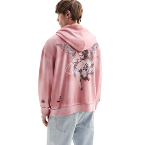 Sweat à capuche en molleton délavé imprimé et brodé pour homme, hiver 2025, 100% coton, streetwear décontracté - Product Image 4