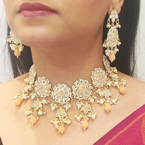 Wholesale Jewellery Gold Plated Faux Pearl Beaded Kundan Choker Necklace Dangle Earring Jewelry <b>Set</b>, Peach - Product Image 2