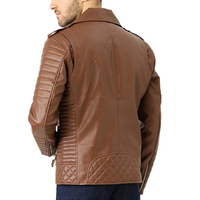 Blouson de motard marron en cuir véritable pour homme, coupe ajustée, avec fermeture éclair et col montant, style urbain, écologique et respirant