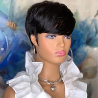 Vente flash : Perruque courte de style pixie, cheveux humains brésiliens Remy lisses avec frange, perruque ondulée pour femmes noires