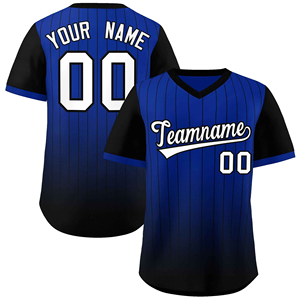 Camiseta de béisbol sublimada personalizada azul negro degradado a rayas uniforme de equipo personalizado camisa de manga corta transpirable con cuello en V - Product Image 1