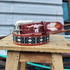 Cinturones de vaquero Unisex Vintage resistentes ecológicos florales pintados a mano con hebilla de aleación occidental de cuero genuino superventas - Product Image 3