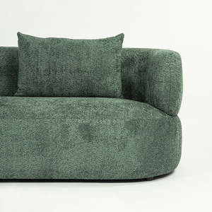 Sofá moderno de tres plazas tapizado en boucle con tela verde, brazos curvos de alta calidad y respaldo con almohadas para sala de estar - Product Image 1