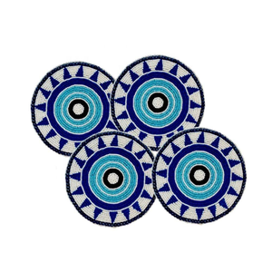 Sous-verre rond perlé blanc avec bleu uni fait à la main ensemble de quatre pièces article de décoration de table - Product Image 2