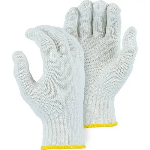 Venta al por mayor de algodón/poliéster hilo liso de punto 7 calibre guante blanco natural con dobladillo elástico guante de seguridad para las manos multiusos