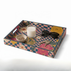 Plateau de service rectangulaire laqué à motif floral tendance 2028, design décoratif rose et bleu, vente en gros Vietnam - Product Image 1