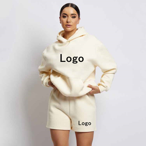 ชุดวอร์มสองชิ้นแบบสวมหัวมีฮู้ดสำหรับผู้หญิงชุดกางเกงขาสั้นคอปกเสื้อมีฮู้ดผ้าฝ้ายคุณภาพสูงโลโก้แบบกำหนดเอง - Product Image 1