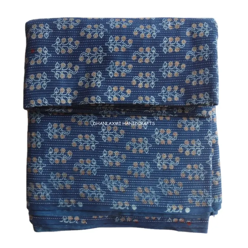 Indigo Ajrakh Kantha 100% Katun Dicetak Bahan Baju Grosir Dicetak Kain Kerajinan Lari