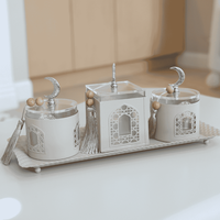 Ensemble de service islamique portable fait main et durable en acier inoxydable avec bocaux en verre, couvercles en forme de croissant et d'étoile, plateau décoratif pour le Ramadan et l'Aïd
