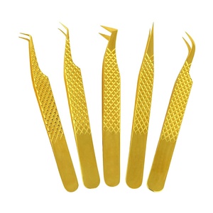 Ensemble professionnel de 5 pinces à épiler en acier inoxydable doré pour extensions de cils, outils de beauté pour volume, droites, courbées, applicateur 45/90, 10 mm - Product Image 1