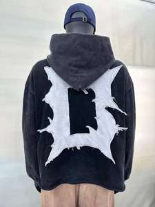 StoneWash <b>Grey</b> Funky Style 3D Embrioded/Patches Hoodies For <b>Men</b> Street Fashion Custom Design <b>Men's</b> Hoodies - Product Image 2