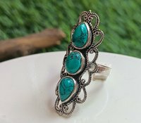 Bague Statement Triple Pierre en Argent 925 Plaqué Rhodium, Style Bohème, Turquoise Vintage de Qualité Supérieure, Coupe Poire, Certifiée IGI, Unique