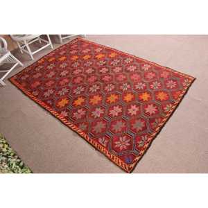 พรมวินเทจตุรกี ขนาด 5.6x8.3 ฟุต (170x253 ซม.) พรมคิลิมลายพรางสีแดง - Product Image 3