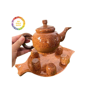 Service à thé en bois de coco artisanal, durable, 6 tasses, en forme de feuille, vaisselle en bois naturelle, décoration d'intérieur, accessoires pour le café et le thé - Product Image 3