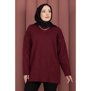 เสื้อทูนิคไหมพรมทรงหลวมสีแดงเบอร์กันดี คอวี แขนยาว สไตล์ลำลองสำหรับฤดูใบไม้ร่วง - Product Image 2