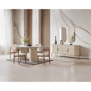 Modern Elegant Ivory <b>Dining</b> <b>Table</b> with Travertine Finish Export-Quality MDF Furniture - Product Image 1