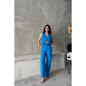 Conjunto de chaleco y pantalón de lino azul para mujer con un solo botón - Product Image 6