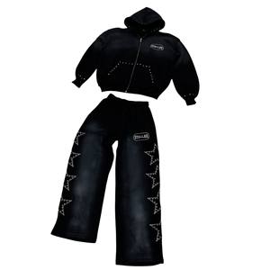 Cotton Fleece Rhinestone flare Sweat Suit Custom Logo <b>Zip</b> up Hoodie Sweat Baggy Pant Acid Washed Bottom <b>Trousers</b> Set Tracksuits - Product Image 3