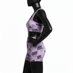 Conjunto de pantalones cortos de poliéster y spandex de 220 GSM de primera calidad, color lavanda y negro, con estampado por sublimación y logotipo personalizado para mujer, conjunto de pantalones cortos de algodón para mujer. - Product Image 3