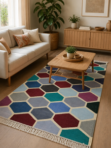 Tapis de couloir Kilim en coton fait main, moderne, multicolore, à blocs hexagonaux, Dhurrie, avec franges, pour chambre et salon - Product Image 4